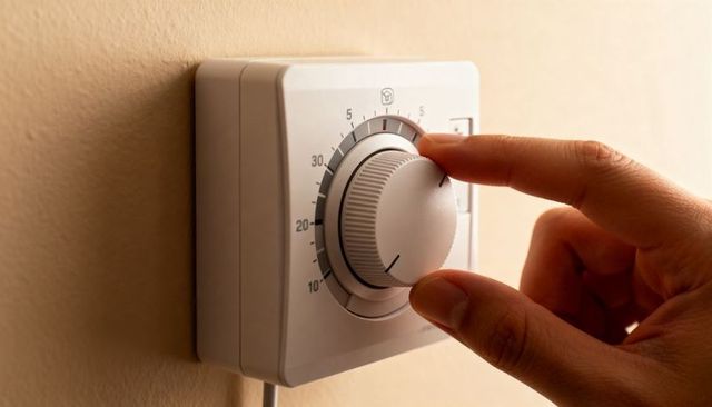 Hand Turning Analog Wall Timer Dial on Vintage Mechanical Thermostat Knob