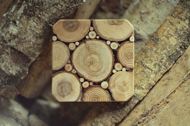 Decorative wooden coaster featuring circular tree trunk patterns, offering rustic charm. Ideal for home decor, craft projects, or eco-friendly gift ideas.