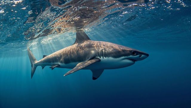 Great white shark gliding beneath ocean surface with sunbeams