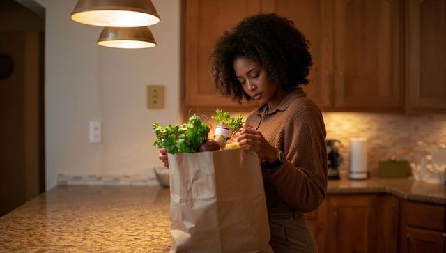 Woman unpacking groceries in cozy kitchen examining onion and fresh herbs under warm light