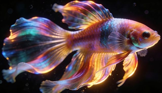 Iridescent betta gliding with flowing veil fins and luminous scales on dark background