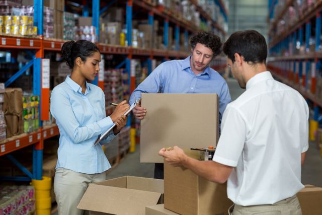 Warehouse workers are preparing a shipment in a storage facility. This image can be used to depict logistics, supply chain management, teamwork, and industrial operations. Ideal for illustrating articles, blogs, or websites related to warehousing, distribution, and business operations.