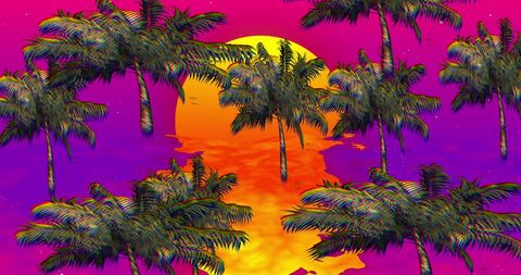 Retro Futuristic Tropical Scene with Colorful Sunset and Digital Vibes