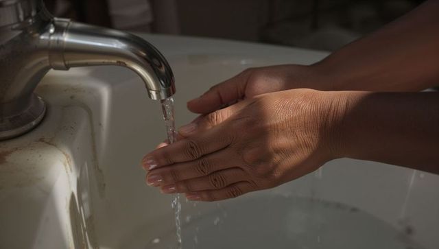 Cupping Hands Catching Running Tap Water over Rusted Sink for Hygiene and Conservation