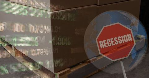 Recession warning with global economy and stock data overlay