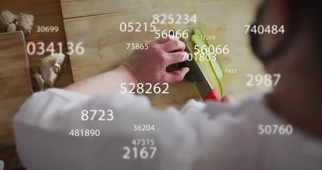 Chef's hands chopping vegetables shown with floating numbers illustrates integration of data analysis and technology in culinary world. Perfect for cooking websites, technology in kitchen articles, or innovative food preparation structures.