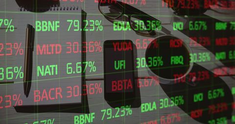 Financial Data Overlay on Desktop with Notebook and Smartphone