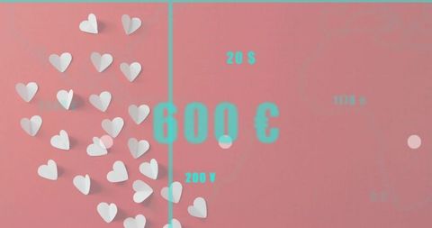 Paper heart cluster with turquoise currency overlay on pastel pink flatlay