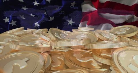 Golden Dollar Coins Stacking Against US Flag Symbolizing Prosperity