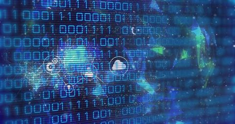 Binary Matrix Pulsing with Cloud Computing Icons and Polygonal AI Head on Neon Grid