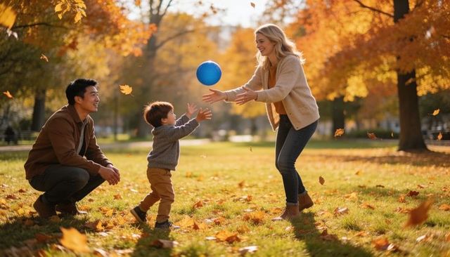 Parents tossing blue ball to toddler in golden autumn park with falling leaves