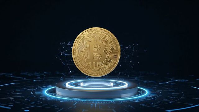 Rotating bitcoin in futuristic tech environment