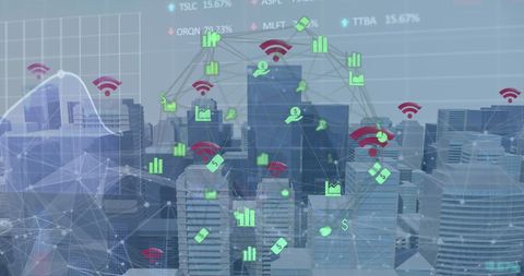 Digital Network and Financial Data Over Cityscape - Download Free Stock Images Pikwizard.com
