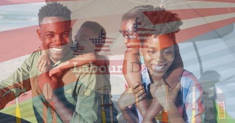 Family Celebrating Labour Day on Beach with Patriotic Flair