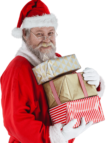 Transparent Santa Claus Holding Christmas Gifts Smiling