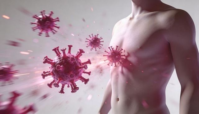 Shirtless torso colliding with magenta virus particles with chest impact light burst