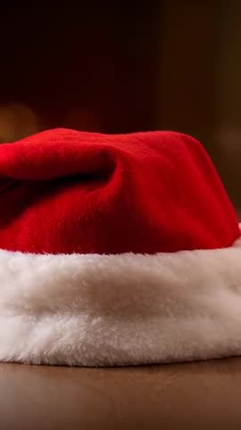 Vertical video shifting camera showing red Santa hat resting on wooden table creating cozy Christmas