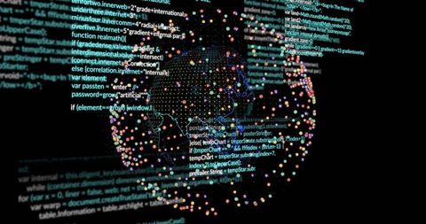 Rotating 3D Globe Glowing with Code and Colorful Data Nodes, Network Visualization