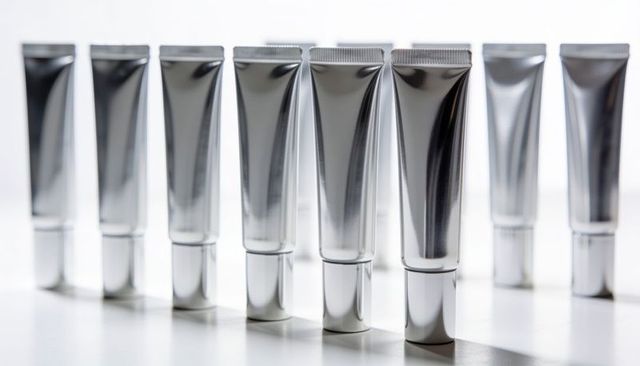 Sleek metallic squeeze tubes standing on glossy white surface for cosmetic packaging