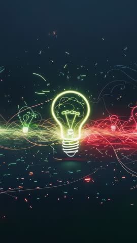 Vertical neon lightbulb energy stream video: glowing bulbs forming with sparks and particles