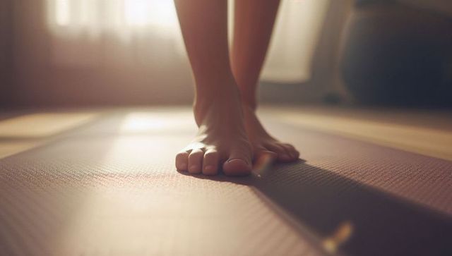 Balancing bare feet touching yoga mat amid sunlit interior