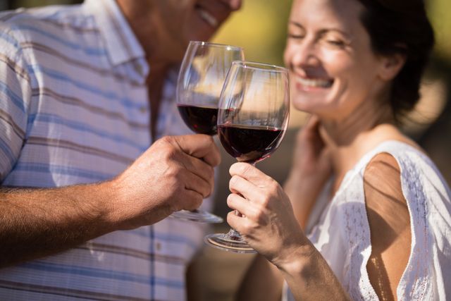 Couple enjoying a romantic moment while toasting with glasses of red wine during a safari vacation. Perfect for travel brochures, romantic getaway promotions, lifestyle blogs, and advertisements focusing on leisure and relaxation.