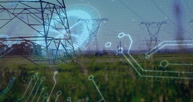Digital circuit overlay on transmission towers in rural landscape