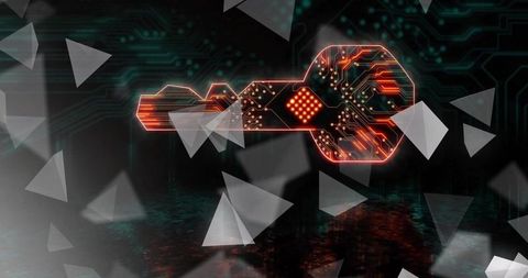 Neon circuit key emitting orange traces over teal motherboard with floating triangles
