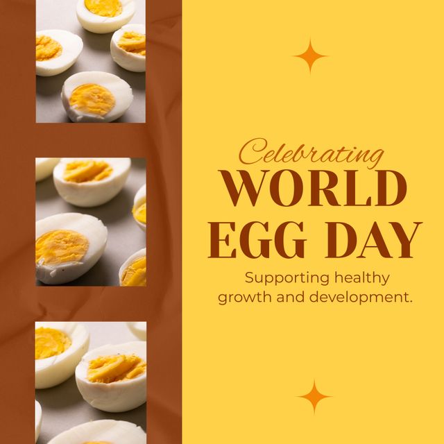 Collage of halved boiled eggs, celebrating world egg day, supporting healthy growth and development. Text, composite, copy space, egg, food, nutrition, healthy, awareness and celebration concept.