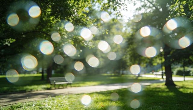 Sunlit park bokeh showing bench and tree canopy, dreamy serene background