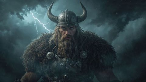 Viking warrior standing strong amidst thunderstorm
