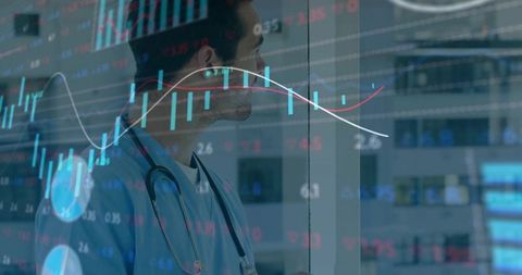 Clinician reviewing financial data through hospital window with market charts overlay