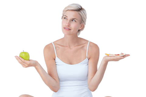 Conflicted woman choosing between healthy and unhealthy snacks transparent