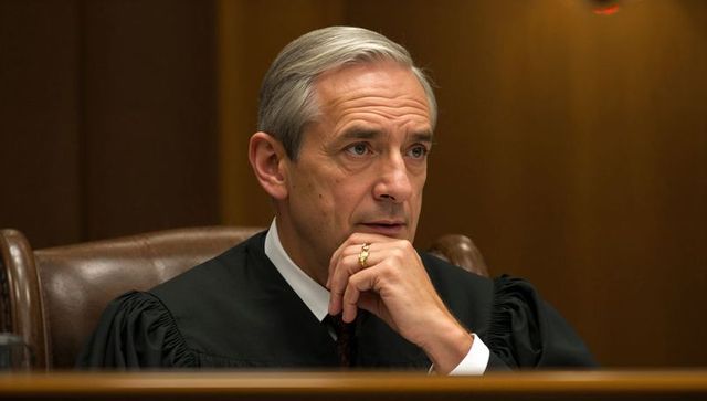 Senior judge listening and contemplating while resting chin on hand at courtroom bench