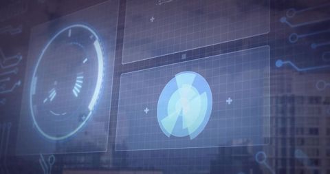 Futuristic Augmented Reality HUD Display on Office Glass with Radar Dial and Grid Panels