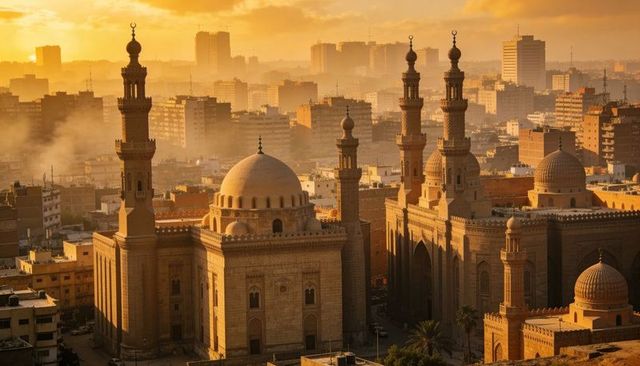 Sunset bathing historic mosque complex with domes and minarets over urban skyline