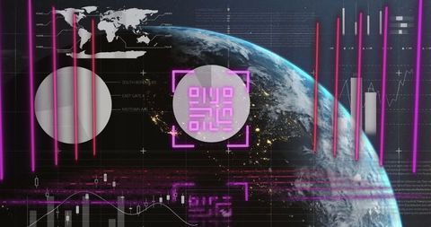 Futuristic QR Code and Digital Data Overlay on Globe Background