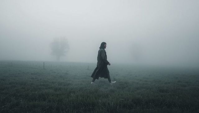Solitary Figure Walking Through Foggy Pasture at Dawn