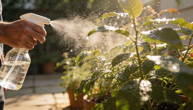 Misting sunlit potted plants on patio with clear spray bottle and water droplets