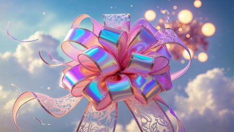 Iridescent Gift Bow Above Ethereal Cloudscape with Lace Ribbons