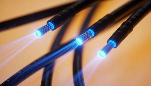Glowing fiber optic tips emitting blue light streaks for high-speed network concept