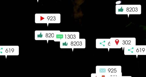 Floating social notification bubbles on dark UI with neon counters and minimalist overlay for UX