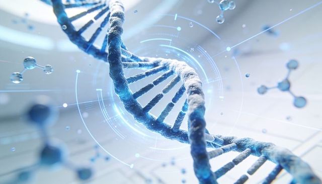 Rotating dna helix with holographic hud rings and floating molecular models for genomics
