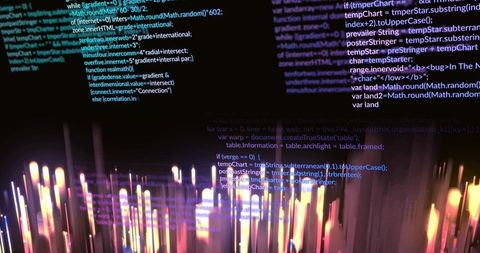 Neon code streams over glowing data pillars futuristic cyber interface visualization