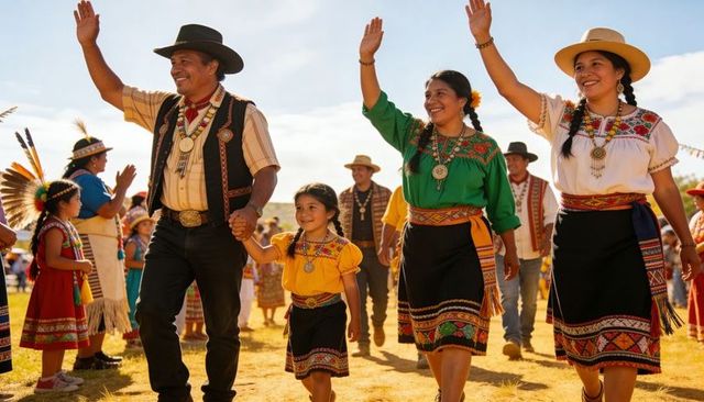 Multigenerational family wearing embroidered costumes waving during sunlit cultural parade