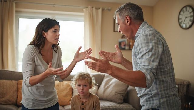 Parents arguing heatedly in family living room while young child looks upset and distressed