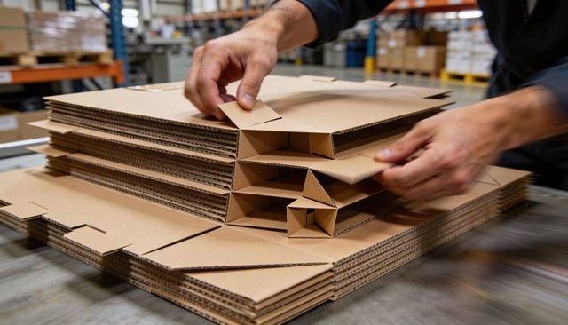 Warehouse worker folding corrugated cardboard inserts for efficient packing and shipping