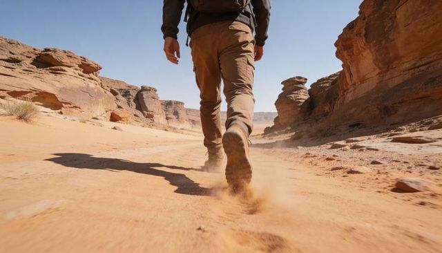 Solo hiker walking through sandy canyon leaving dusty footprints