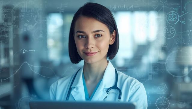 Young female physician using laptop with stethoscope in modern digital clinic telemedicine