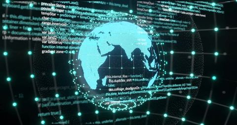 Holographic Globe with Code Overlay and Glowing Data Nodes Visualizing Global Network